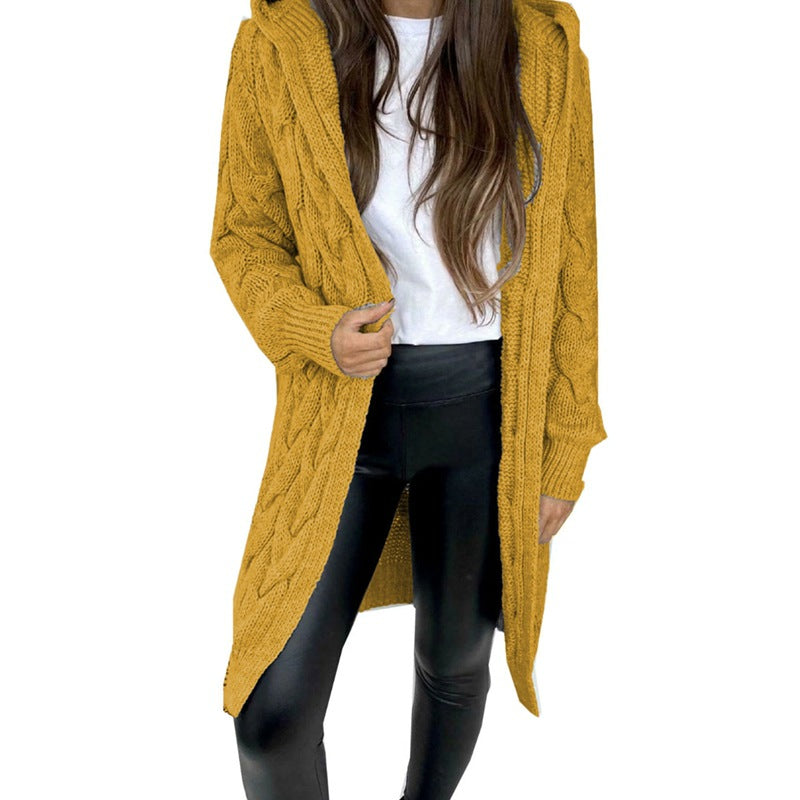Women's Cable Knit Hooded Cardigan | Long Line Open Front