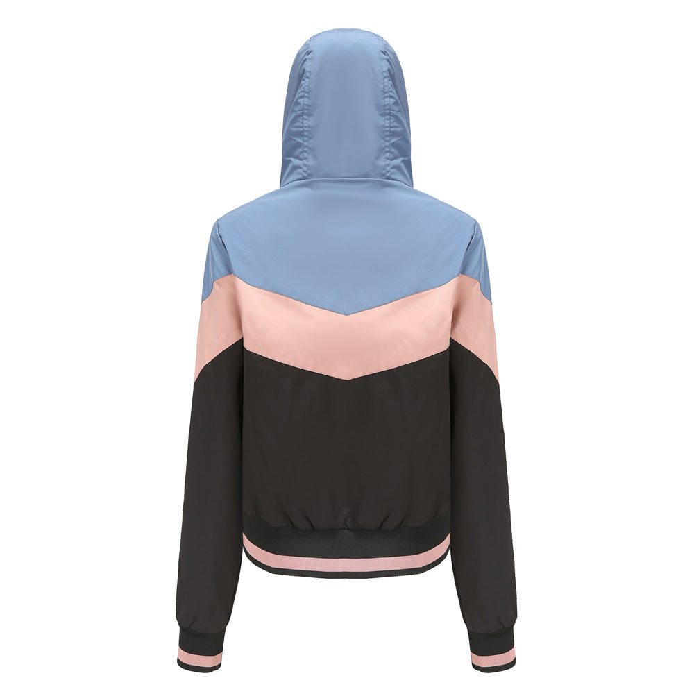 Women's Lightweight Hooded Bomber Jacket with Printed Colour Block Design and Relaxed Fit – Casual Zip-Up Sports Outerwear with Drawstring Hood and Zipped Pockets for Spring and Autumn Everyday Streetwear