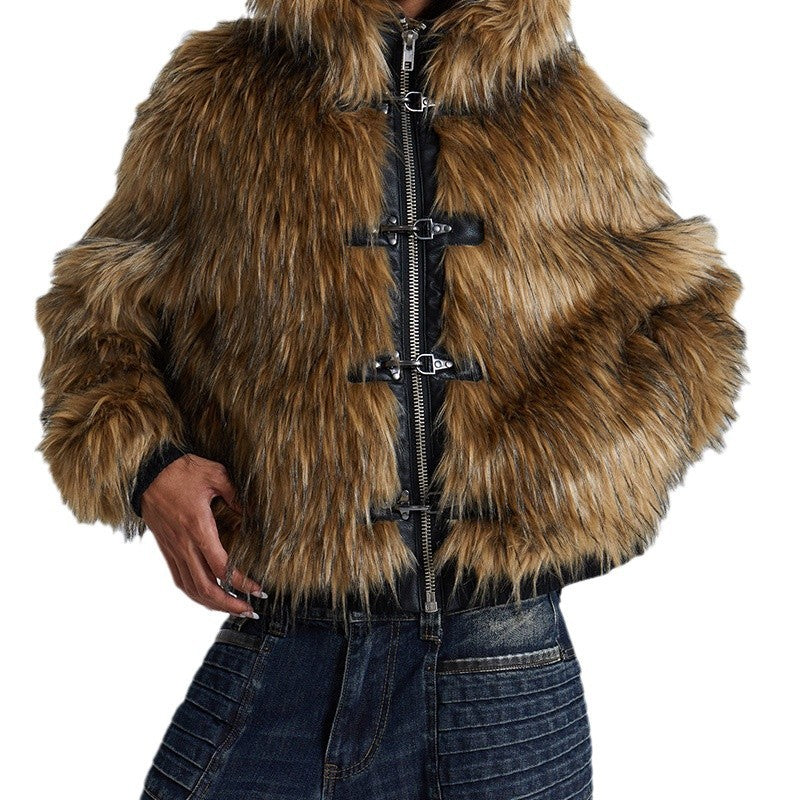 Women's Faux Fur Hooded Jacket with Toggle Closures