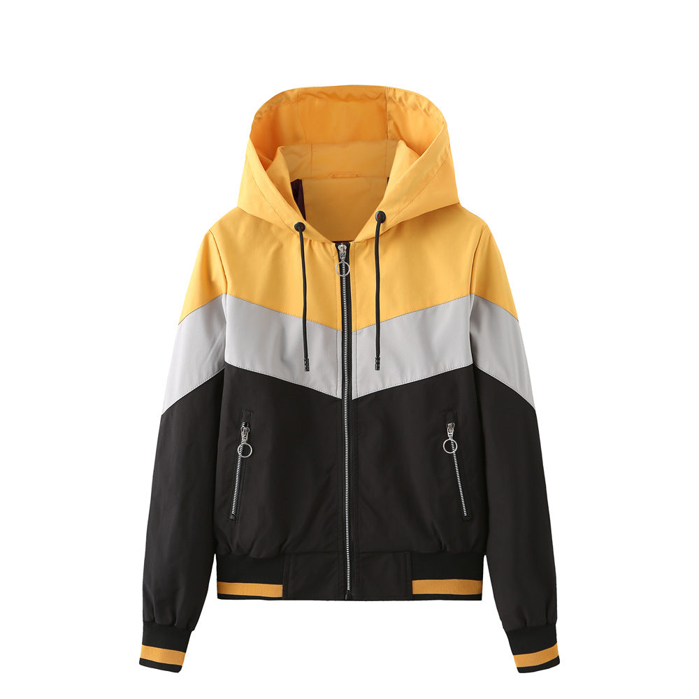 Women's Lightweight Hooded Bomber Jacket with Printed Colour Block Design and Relaxed Fit – Casual Zip-Up Sports Outerwear with Drawstring Hood and Zipped Pockets for Spring and Autumn Everyday Streetwear