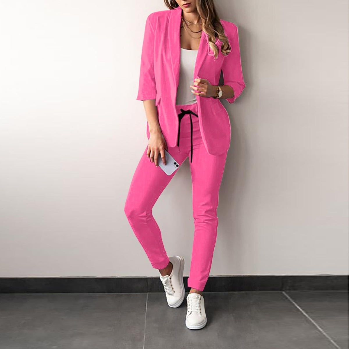 Women's Tailored Blazer Trousers Set with Open Front