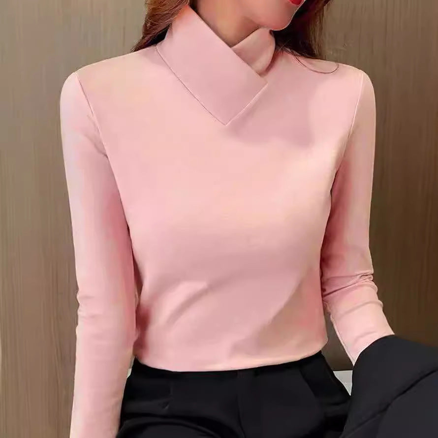 Women's Elegant Asymmetric High-Neck Knitted Jumper with Crossover Collar and Long Sleeves – Soft Cotton Cashmere Blend Slim Fit Pullover for Smart Casual Office Wear and Autumn Winter Layering