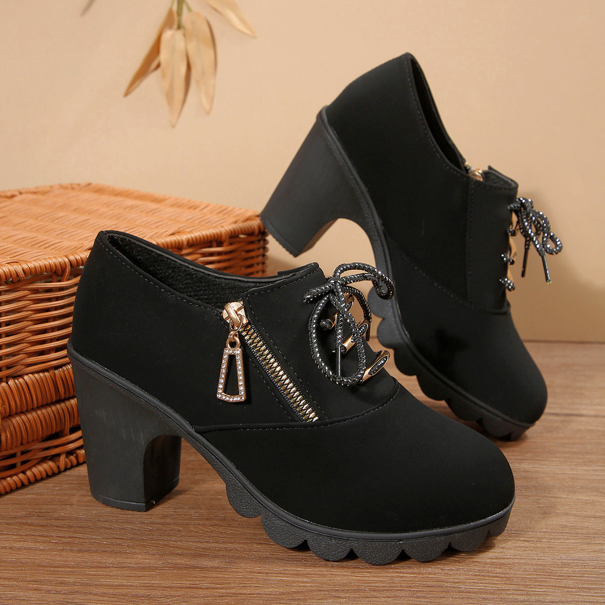 Women's Block Heel Ankle Boots Lace-Up with Side Zip