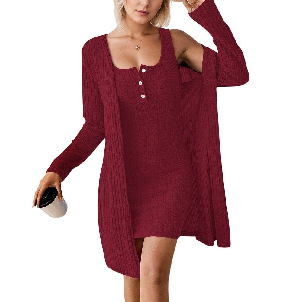 Women's Textured Knit Henley Dress with Open Cardigan
