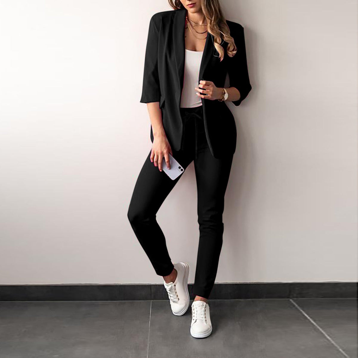 Women's Tailored Blazer Trousers Set with Open Front