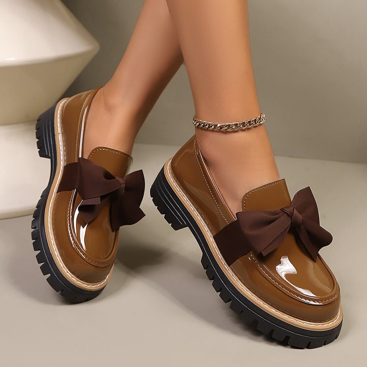 Women's Patent Loafers with Chunky Sole and Bow Detail