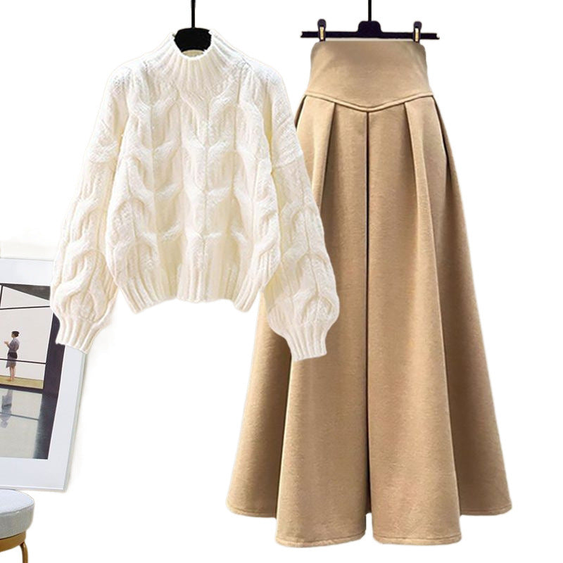 Women’s Cable Knit Jumper and Long Pleated Skirt Set – Elegant Two-Piece Outfit with High Neckline and Full Sleeves for Cooler Days