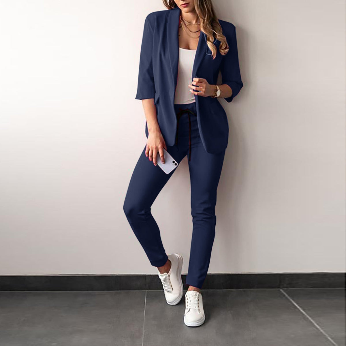 Women's Tailored Blazer Trousers Set with Open Front