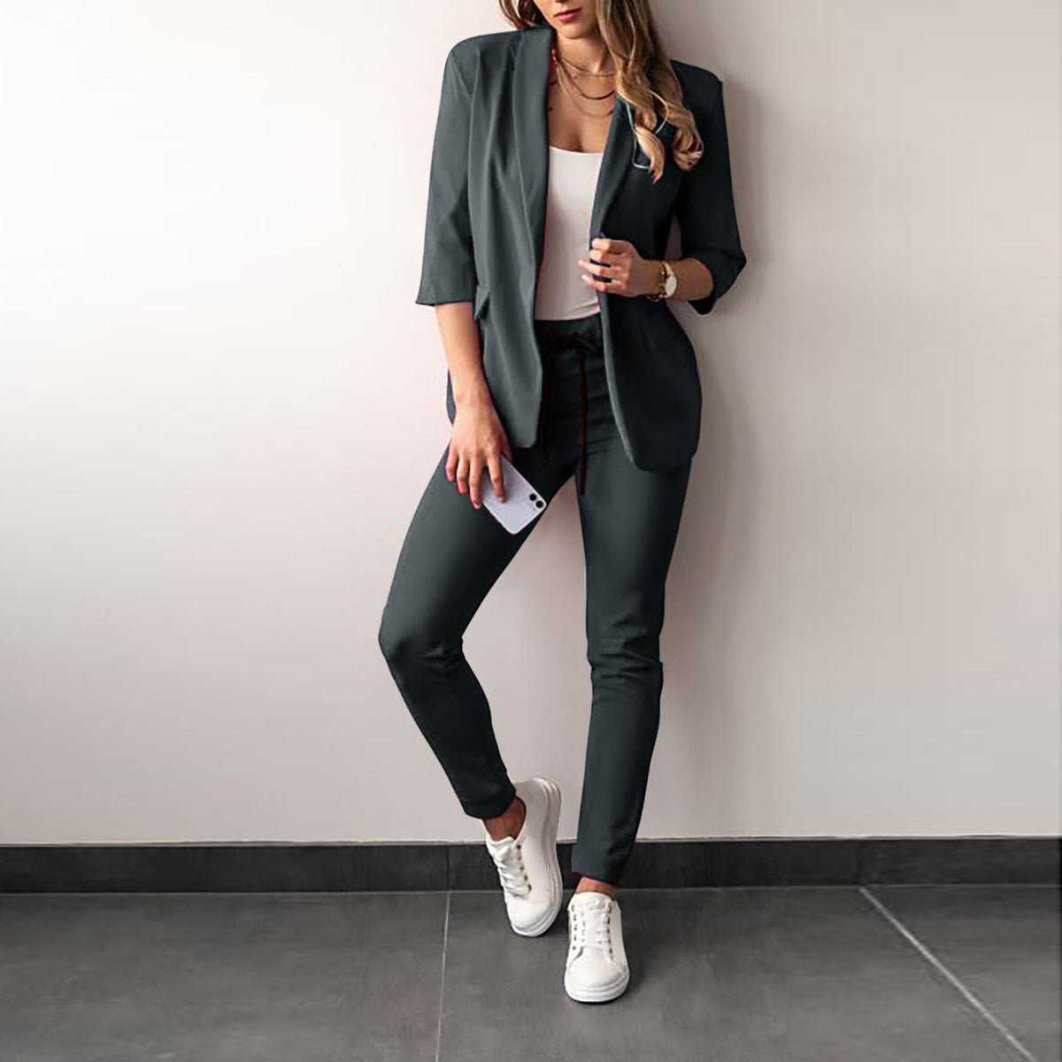Women's Tailored Blazer Trousers Set with Open Front