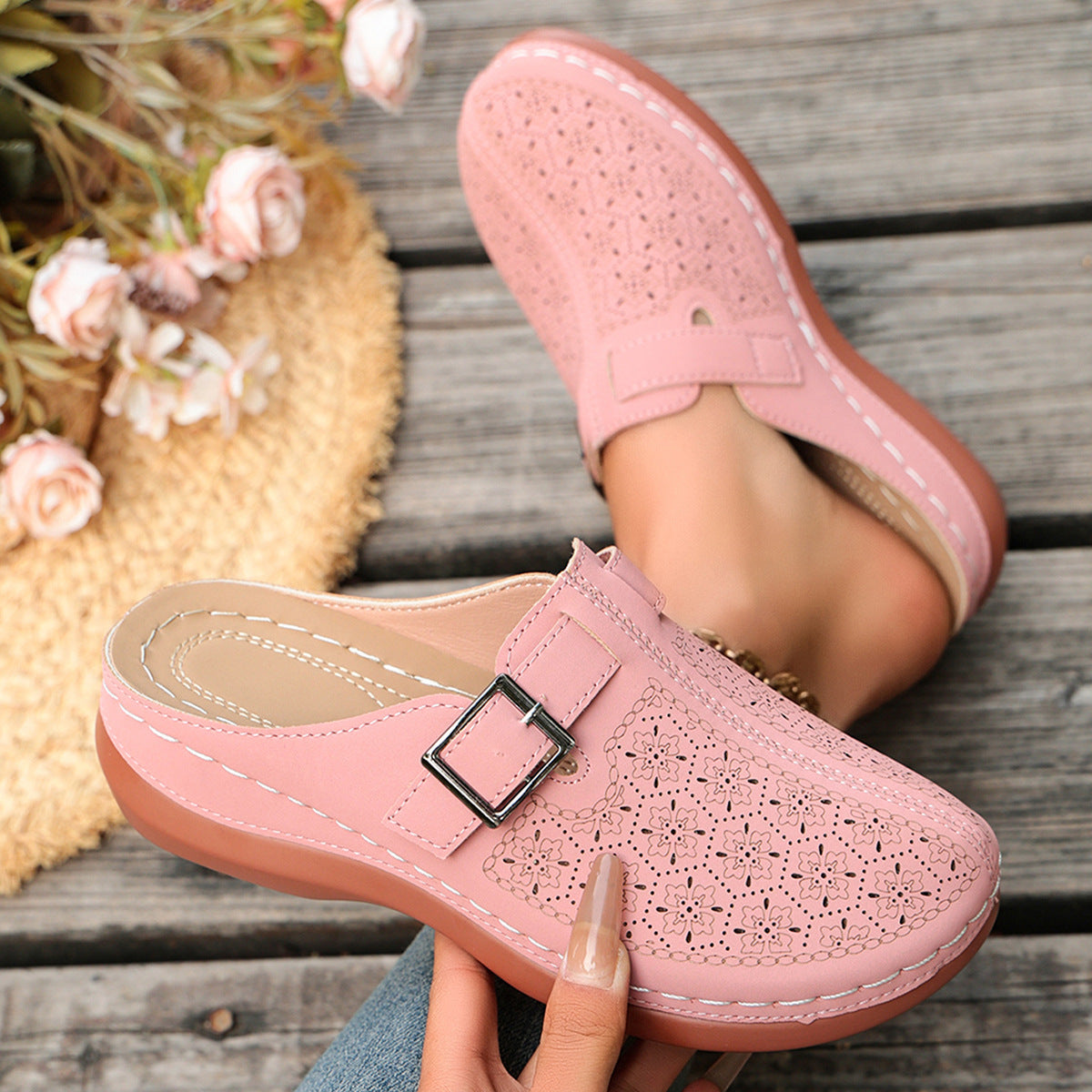 Women's Perforated Slip-On Mules with Buckle Strap
