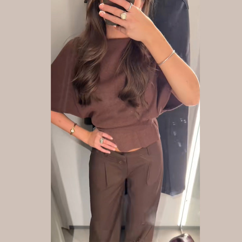 Women's Trouser Suit Set Wide Sleeve Top Slim Trousers