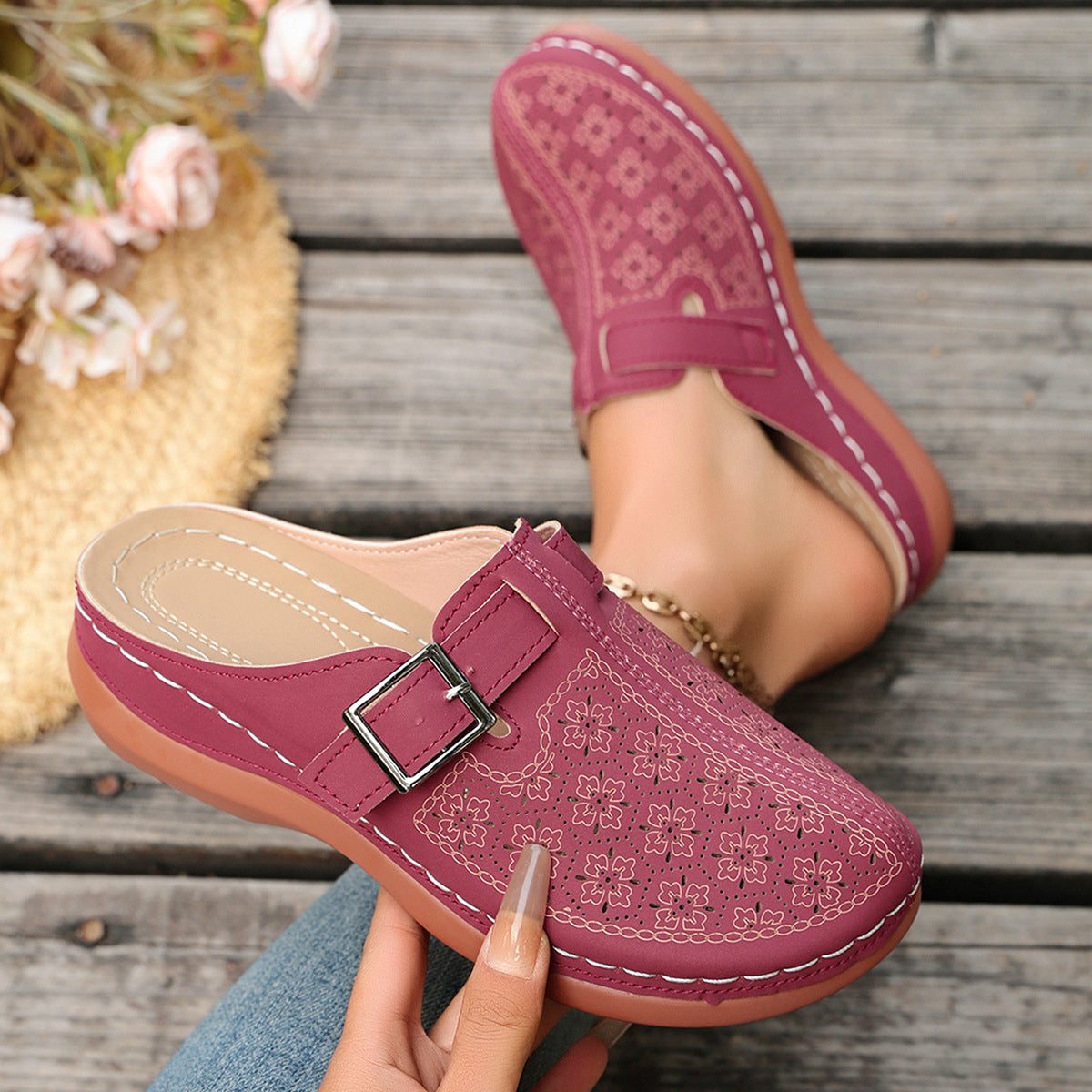 Women's Perforated Slip-On Mules with Buckle Strap
