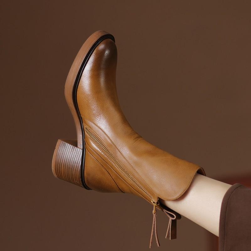 Women's Block Heel Ankle Boots | Tan Leather Finish