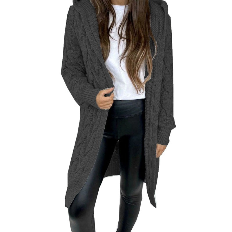 Women's Cable Knit Hooded Cardigan | Long Line Open Front