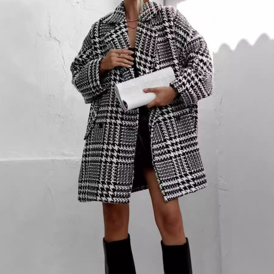 Women's Oversized Houndstooth Coat Knee-Length Open Front