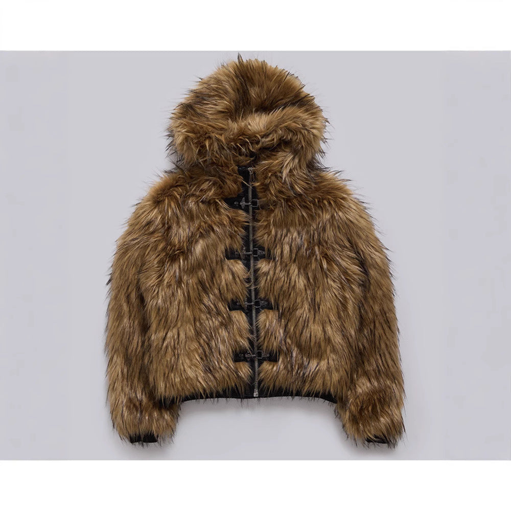 Women's Faux Fur Hooded Jacket with Toggle Closures