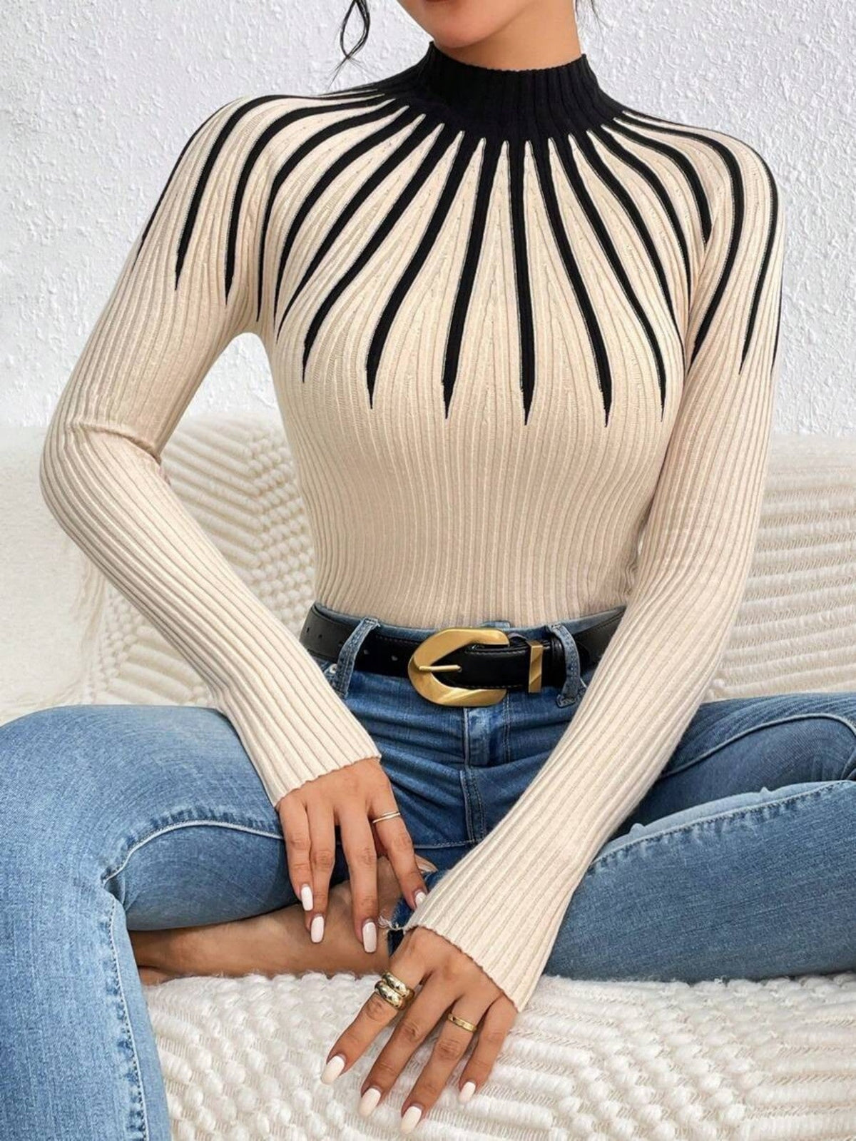 Alona Women's Ribbed Knit High Neck Slim Fit Sweater Pullover