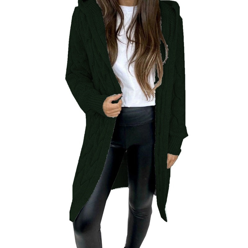 Women's Cable Knit Hooded Cardigan | Long Line Open Front