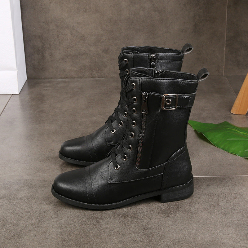 Women's Lace-Up Mid-Calf Boots with Side Zip Closure