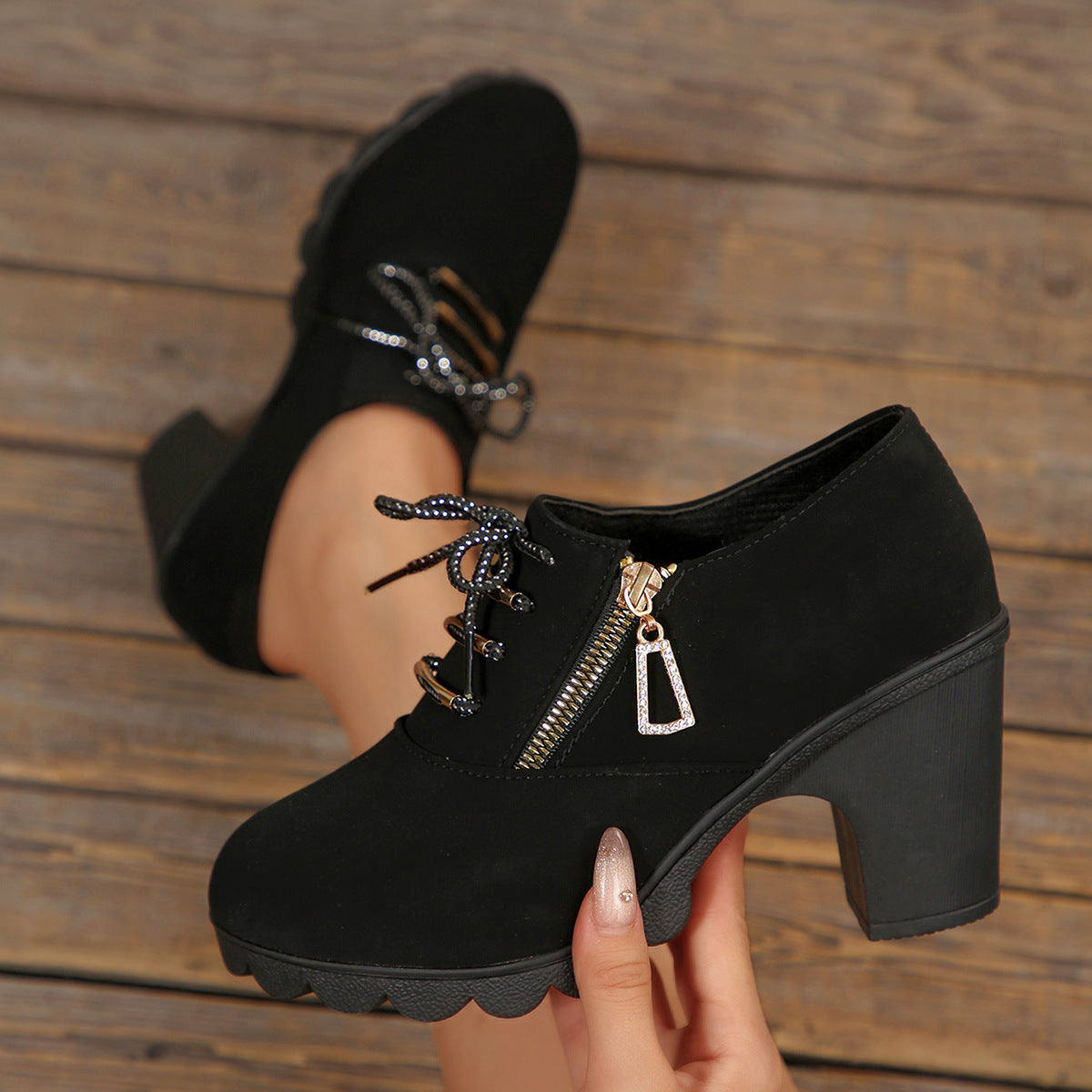 Women's Block Heel Ankle Boots Lace-Up with Side Zip