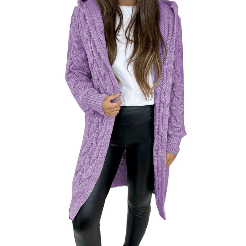 Women's Cable Knit Hooded Cardigan | Long Line Open Front