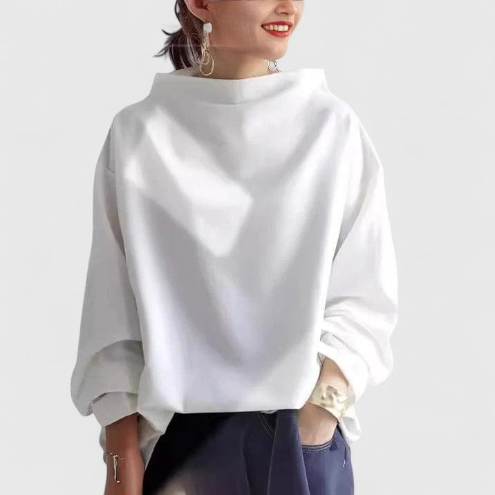 Women's Elegant High Neck Long Sleeve Top – Relaxed Fit with Draped Funnel Neck for Smart Casual and Office Wear