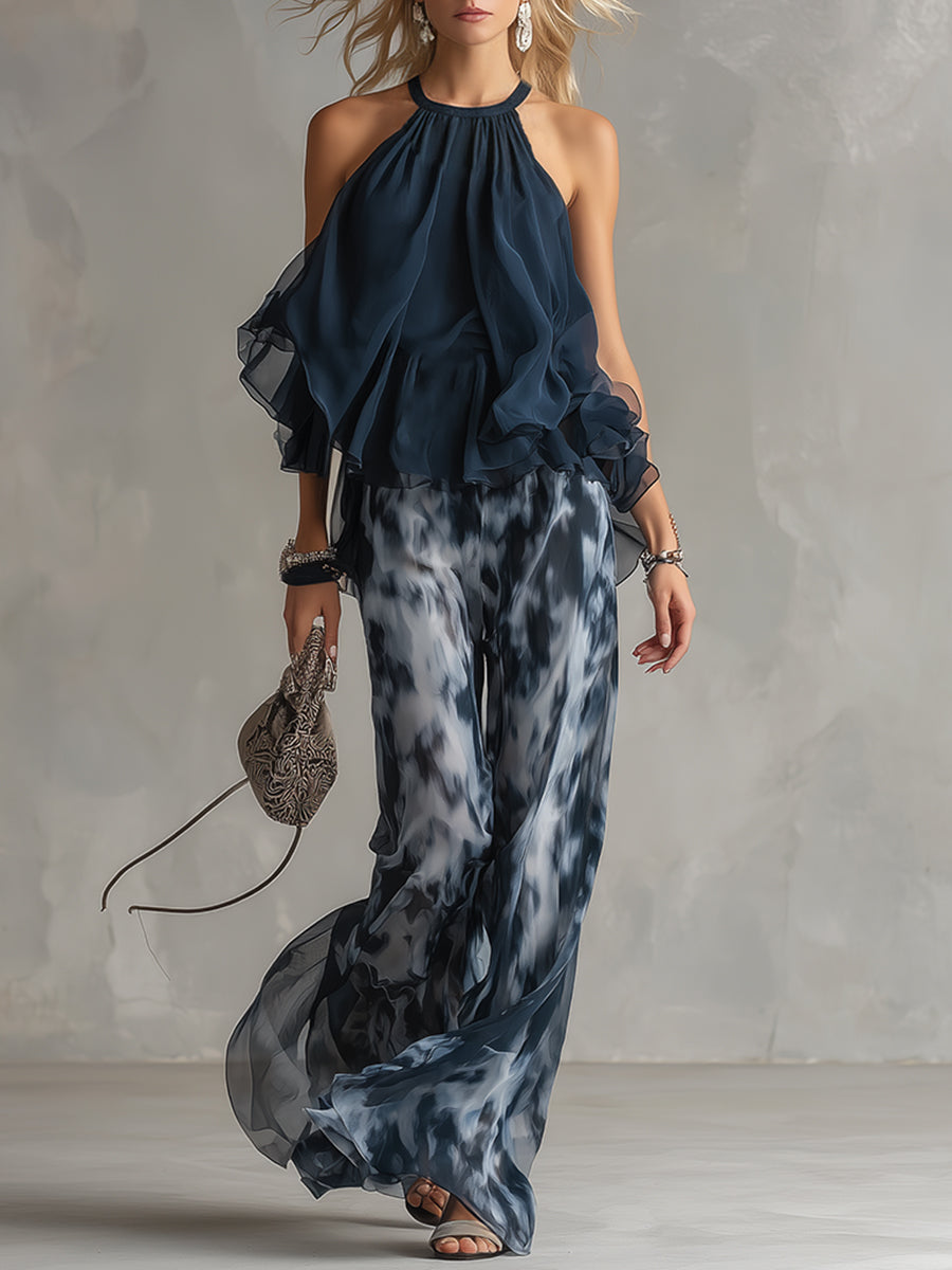 Women’s Draped Halter Top and Printed Wide-Leg Trouser Set – Flowing Layers for Summer Occasions