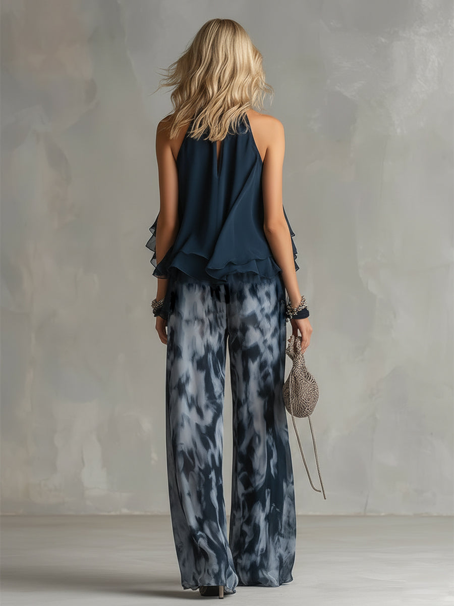 Women’s Draped Halter Top and Printed Wide-Leg Trouser Set – Flowing Layers for Summer Occasions