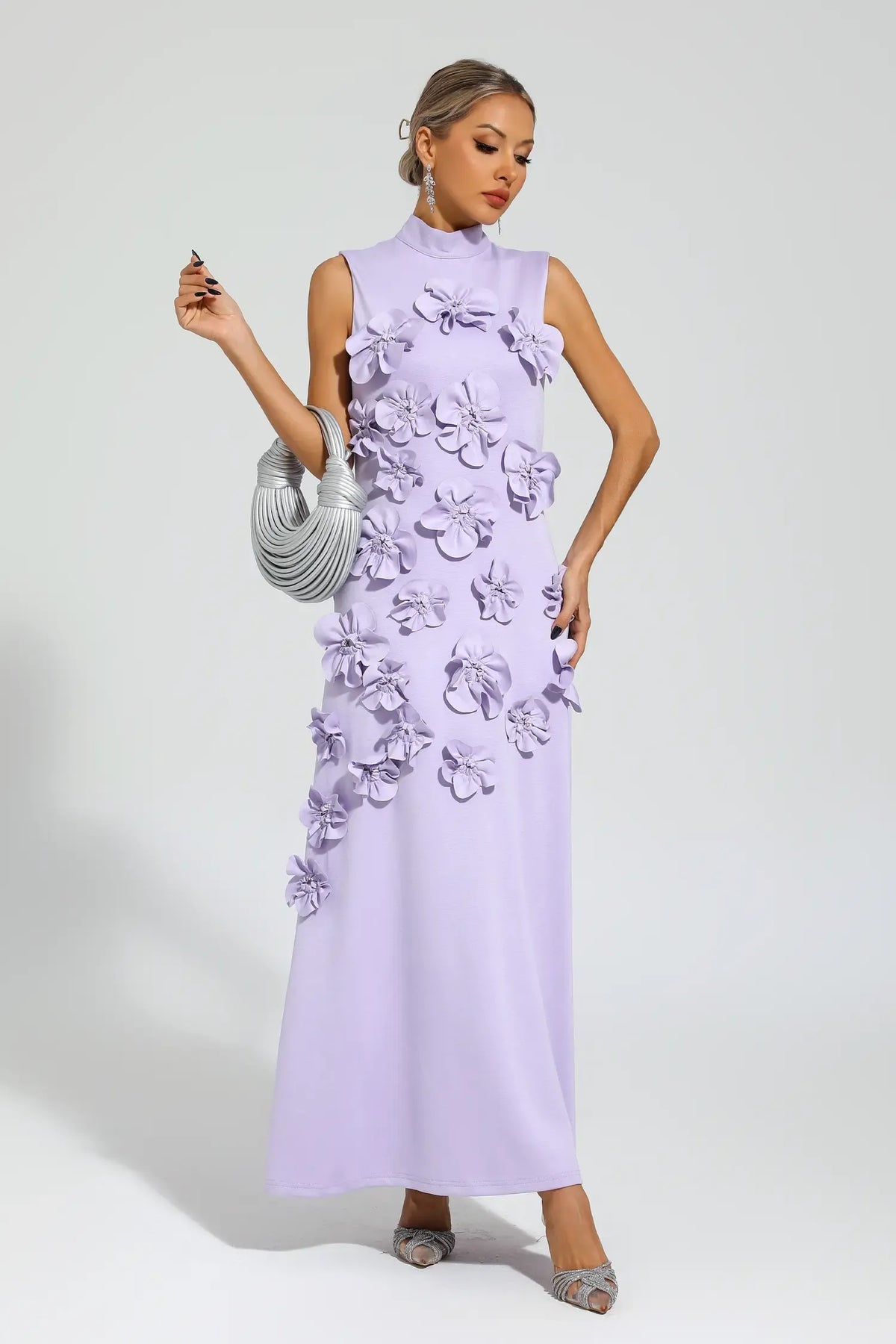 Women's High-Neck Embroidered Floral Maxi Dress | Sleeveless, Full-Length Silhouette, Elegant Fit | Multiple Colors