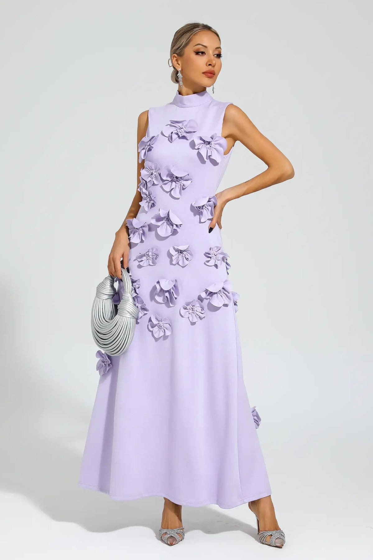 Women's High-Neck Embroidered Floral Maxi Dress | Sleeveless, Full-Length Silhouette, Elegant Fit | Multiple Colors
