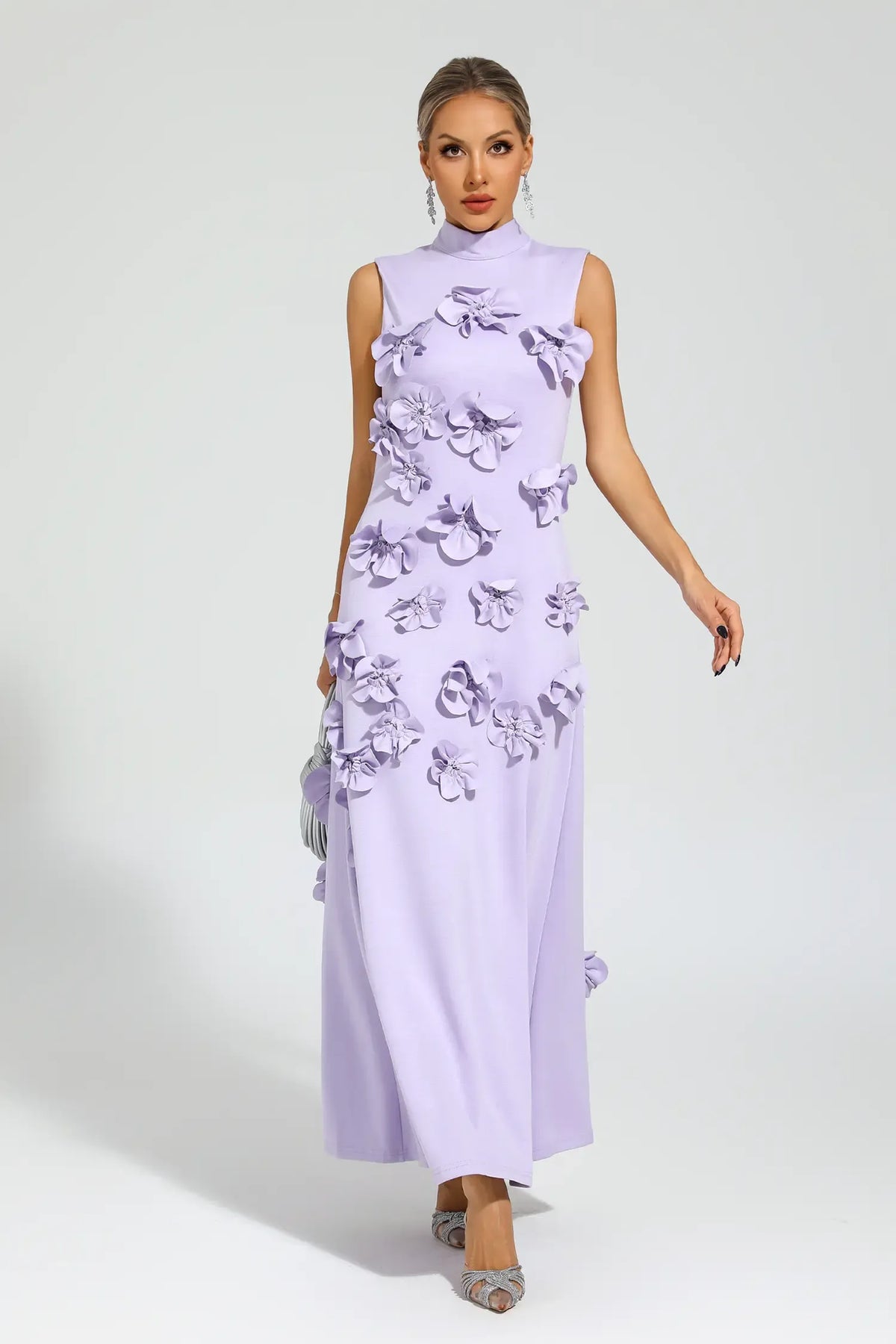 Women's High-Neck Embroidered Floral Maxi Dress | Sleeveless, Full-Length Silhouette, Elegant Fit | Multiple Colors