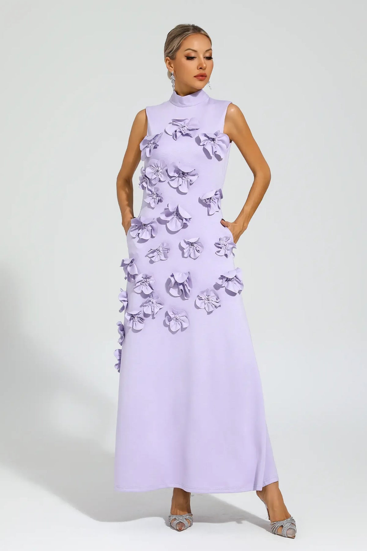 Women's High-Neck Embroidered Floral Maxi Dress | Sleeveless, Full-Length Silhouette, Elegant Fit | Multiple Colors