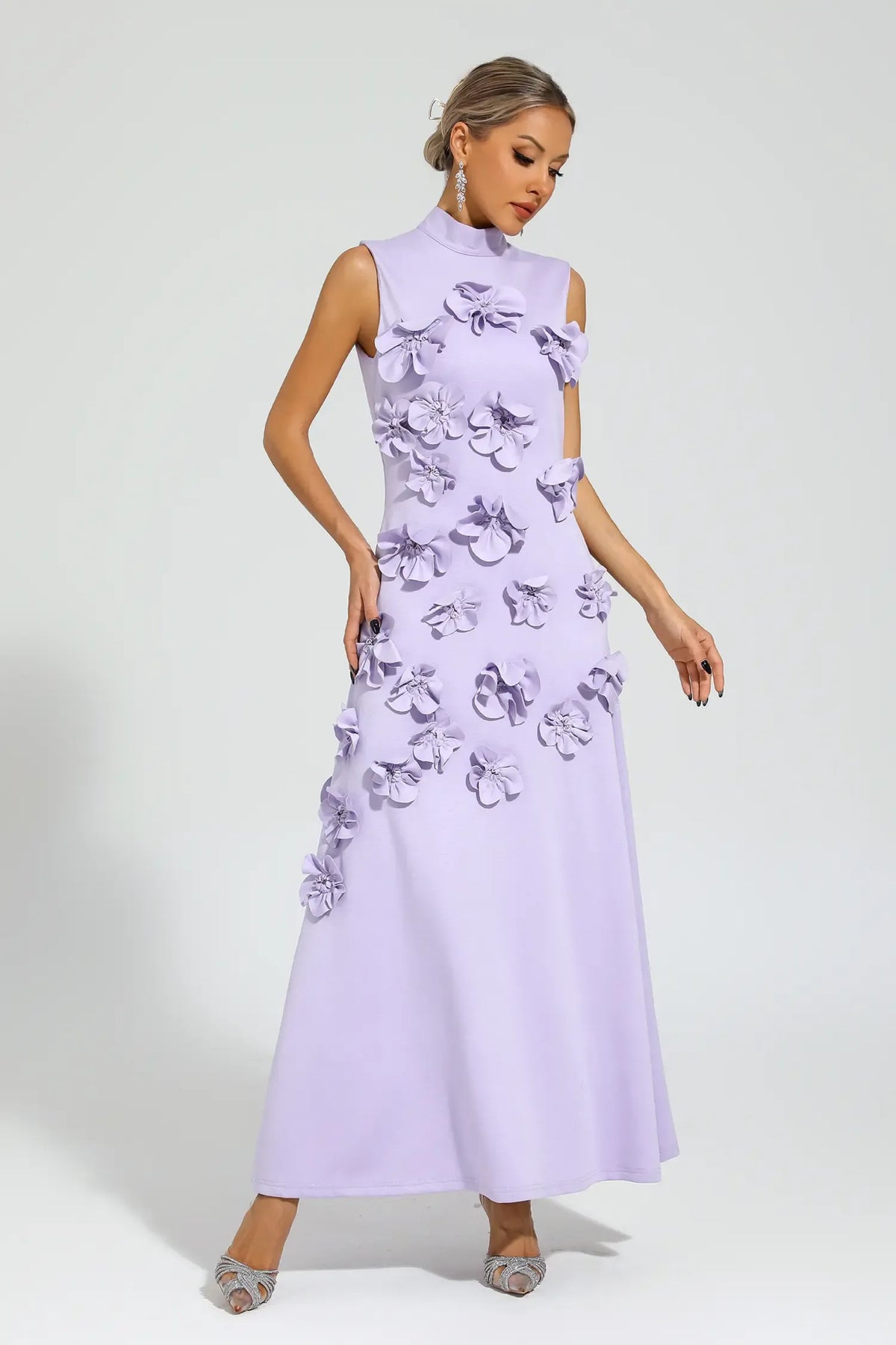 Women's High-Neck Embroidered Floral Maxi Dress | Sleeveless, Full-Length Silhouette, Elegant Fit | Multiple Colors