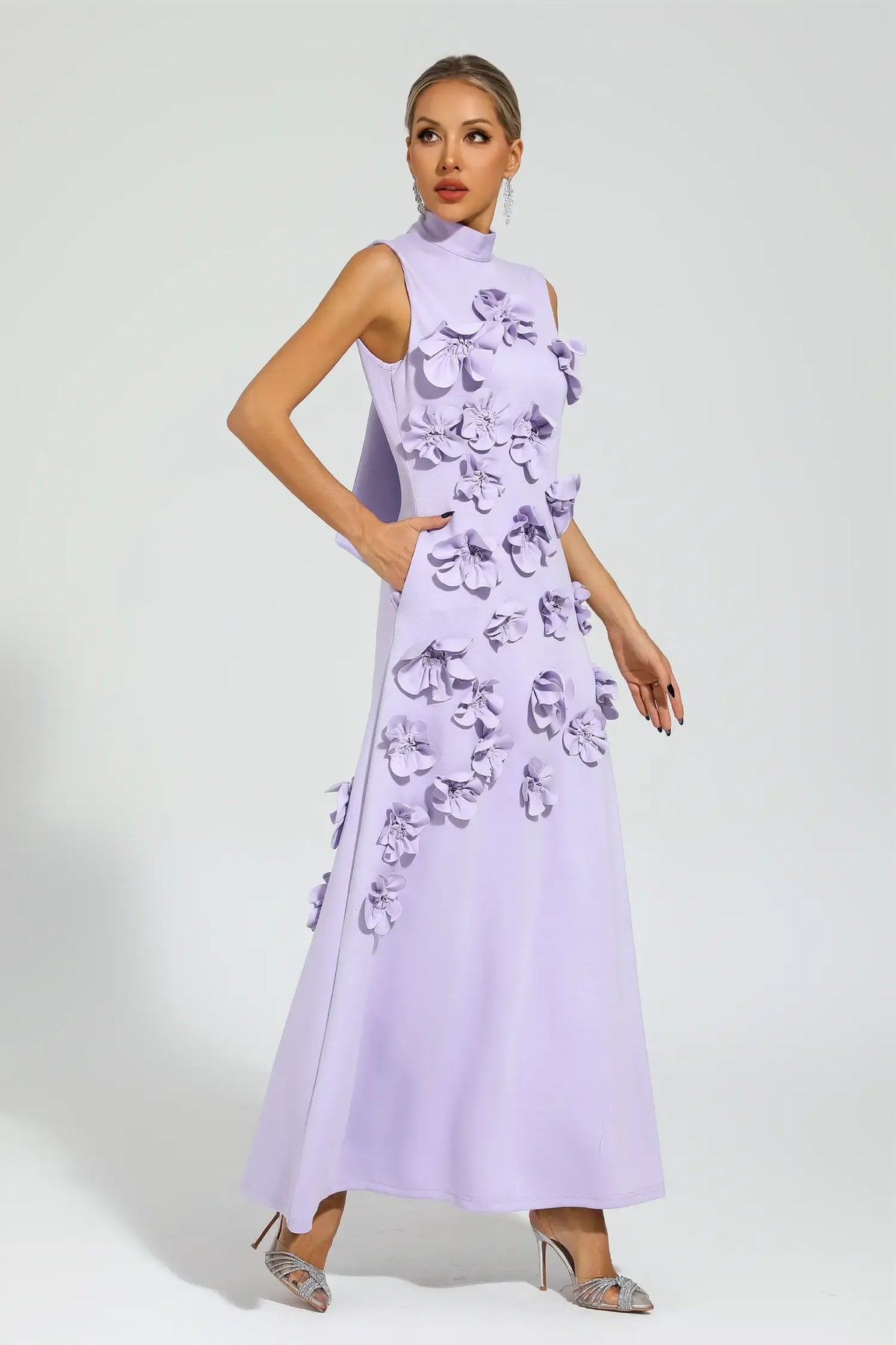 Women's High-Neck Embroidered Floral Maxi Dress | Sleeveless, Full-Length Silhouette, Elegant Fit | Multiple Colors