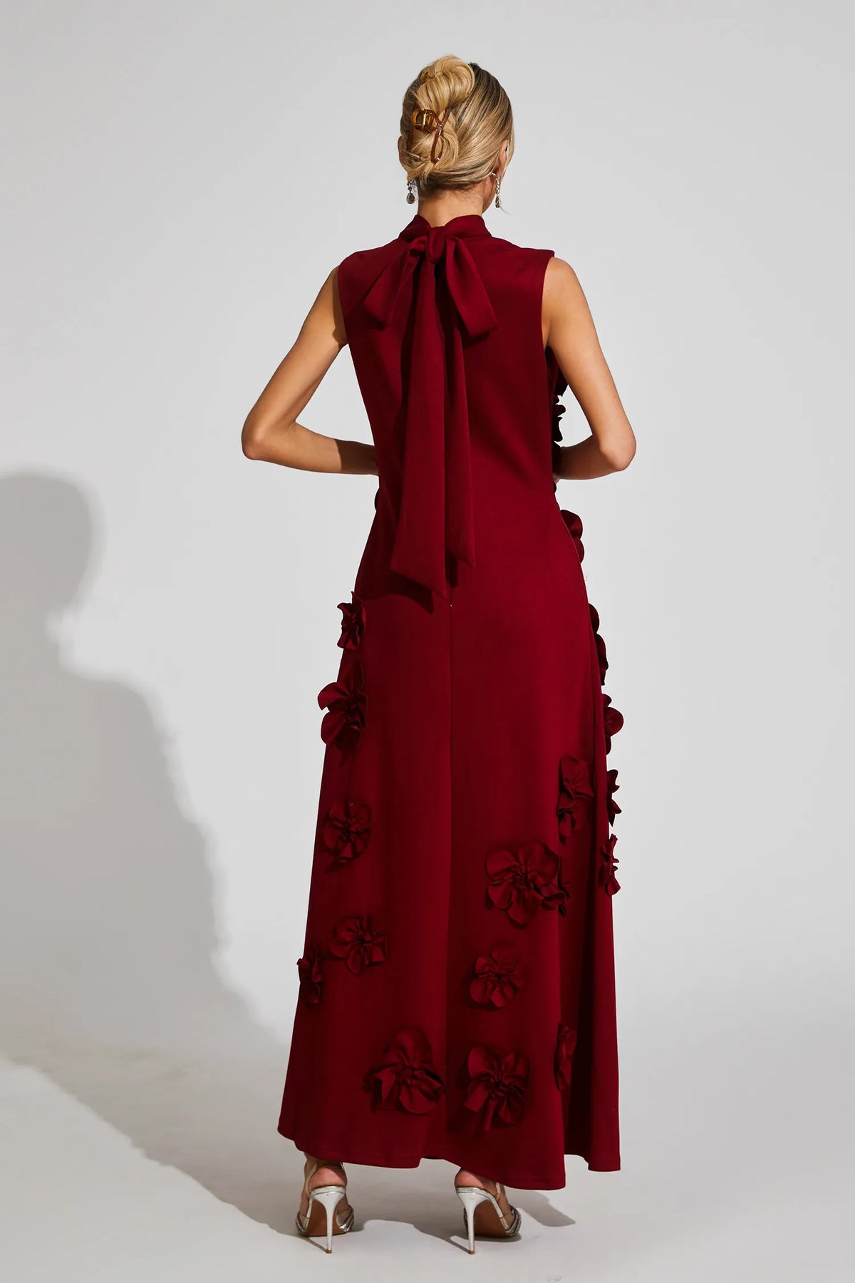 Women's High-Neck Embroidered Floral Maxi Dress | Sleeveless, Full-Length Silhouette, Elegant Fit | Multiple Colors