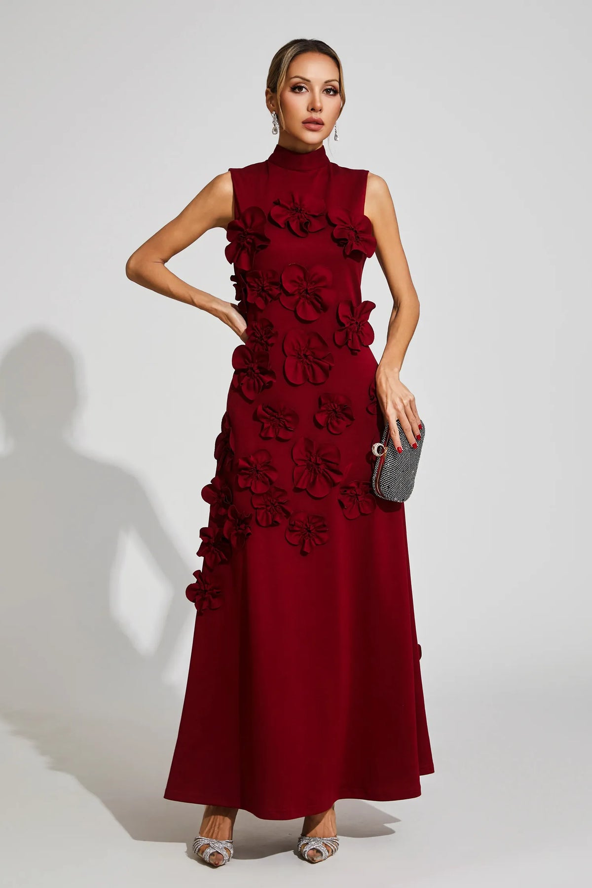 Women's High-Neck Embroidered Floral Maxi Dress | Sleeveless, Full-Length Silhouette, Elegant Fit | Multiple Colors