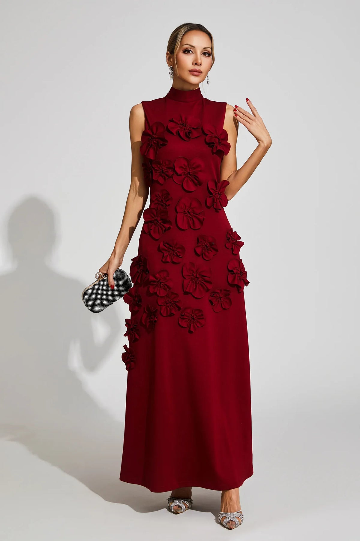 Women's High-Neck Embroidered Floral Maxi Dress | Sleeveless, Full-Length Silhouette, Elegant Fit | Multiple Colors
