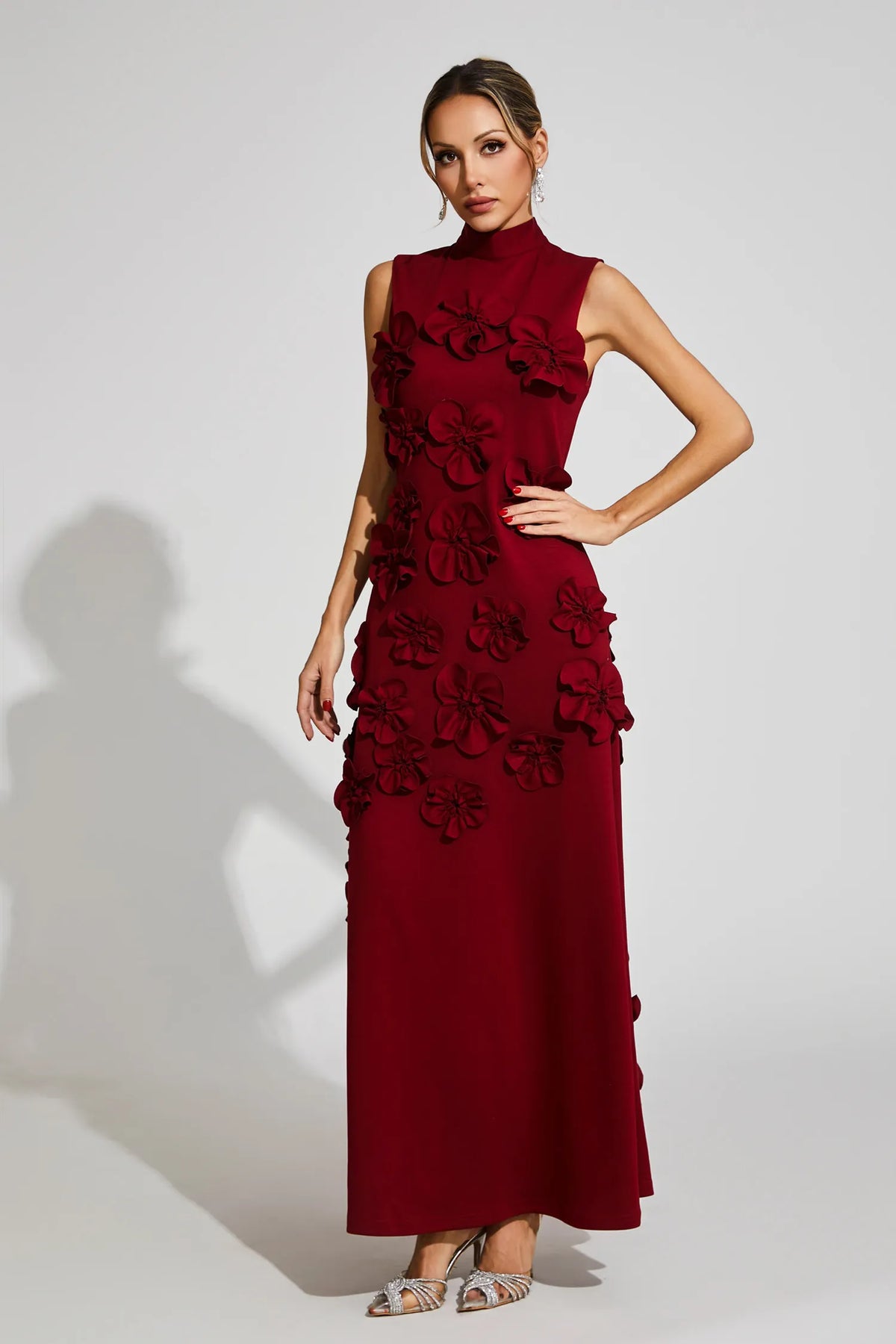 Women's High-Neck Embroidered Floral Maxi Dress | Sleeveless, Full-Length Silhouette, Elegant Fit | Multiple Colors