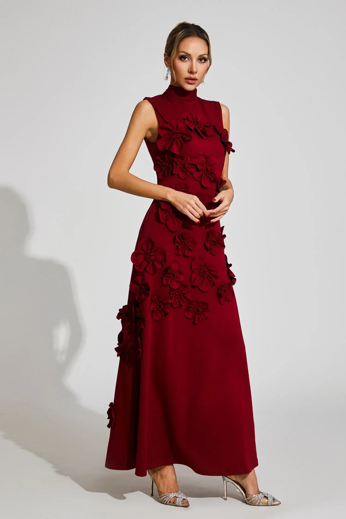 Women's High-Neck Embroidered Floral Maxi Dress | Sleeveless, Full-Length Silhouette, Elegant Fit | Multiple Colors