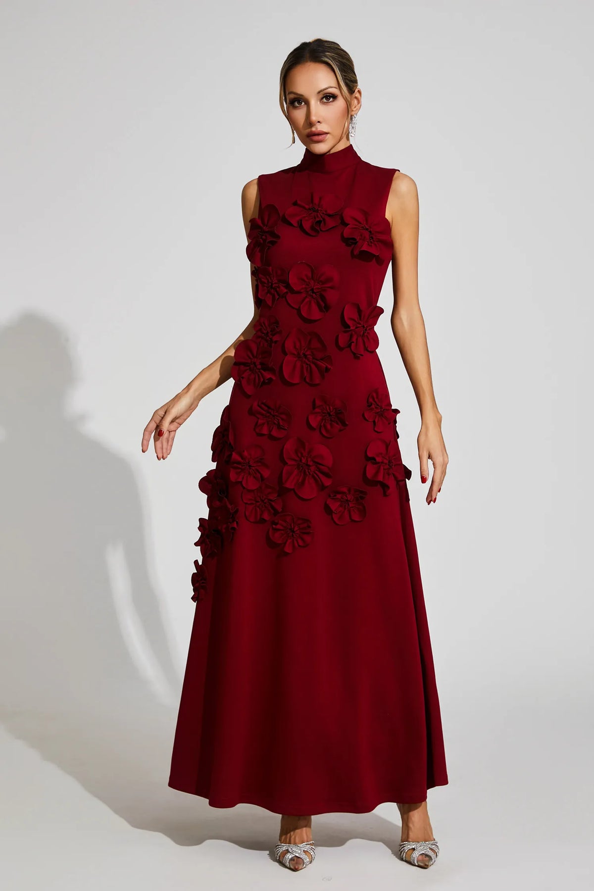 Women's High-Neck Embroidered Floral Maxi Dress | Sleeveless, Full-Length Silhouette, Elegant Fit | Multiple Colors