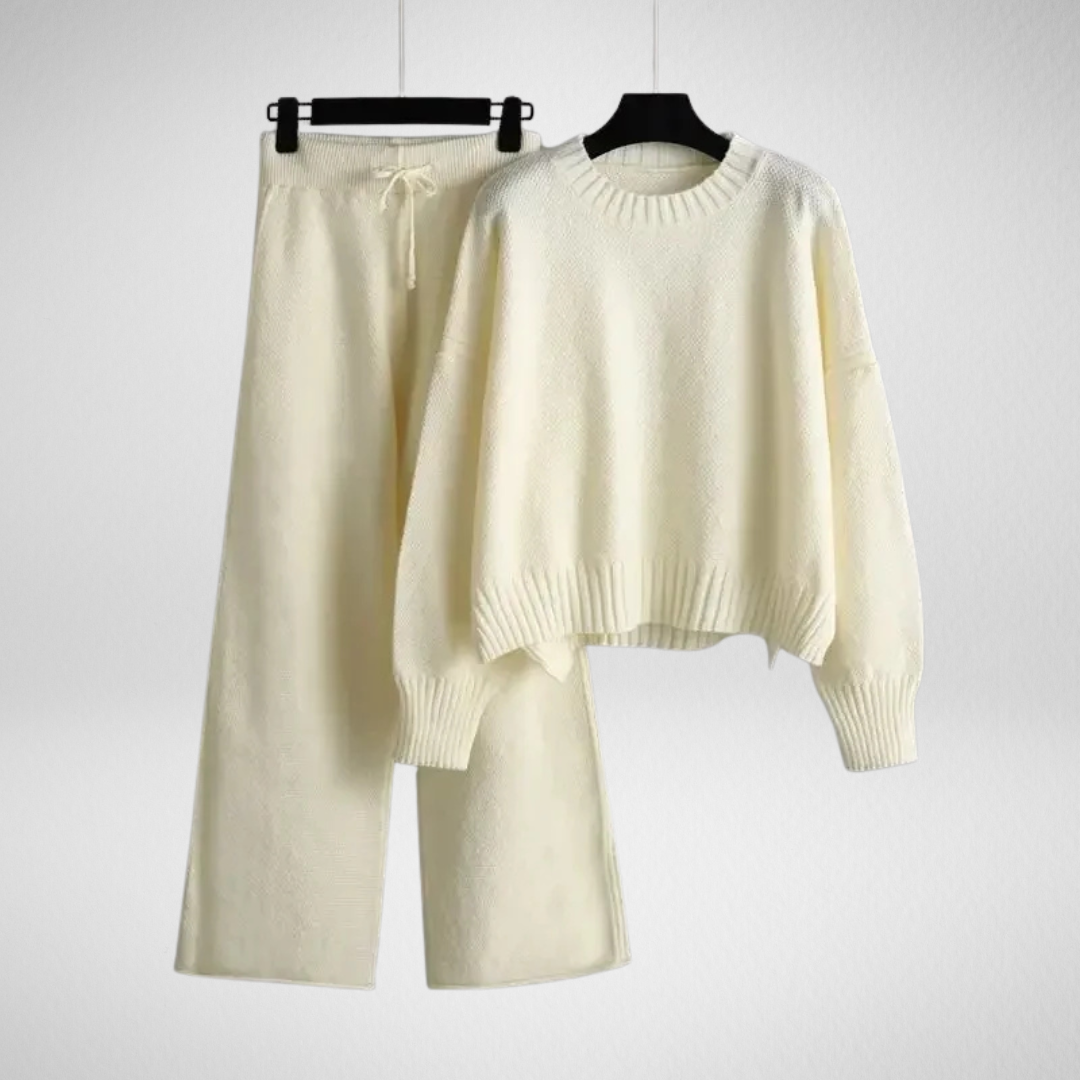 Women's Ribbed Knit Two-Piece Set Round Neck Jumper