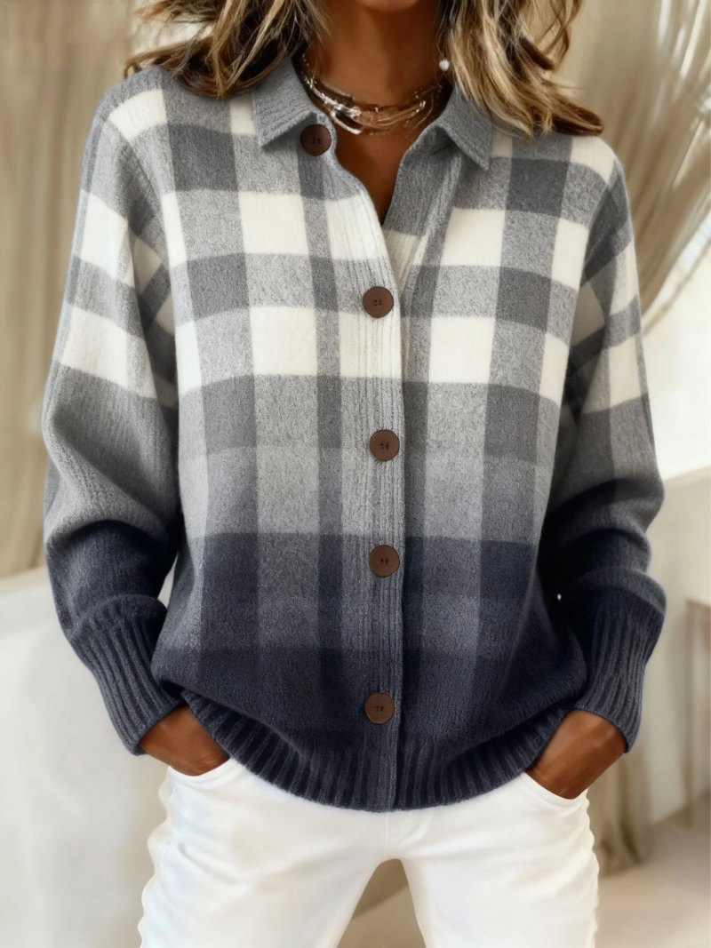 Women's Grey Plaid Cardigan | Button-Front Knit Sweater