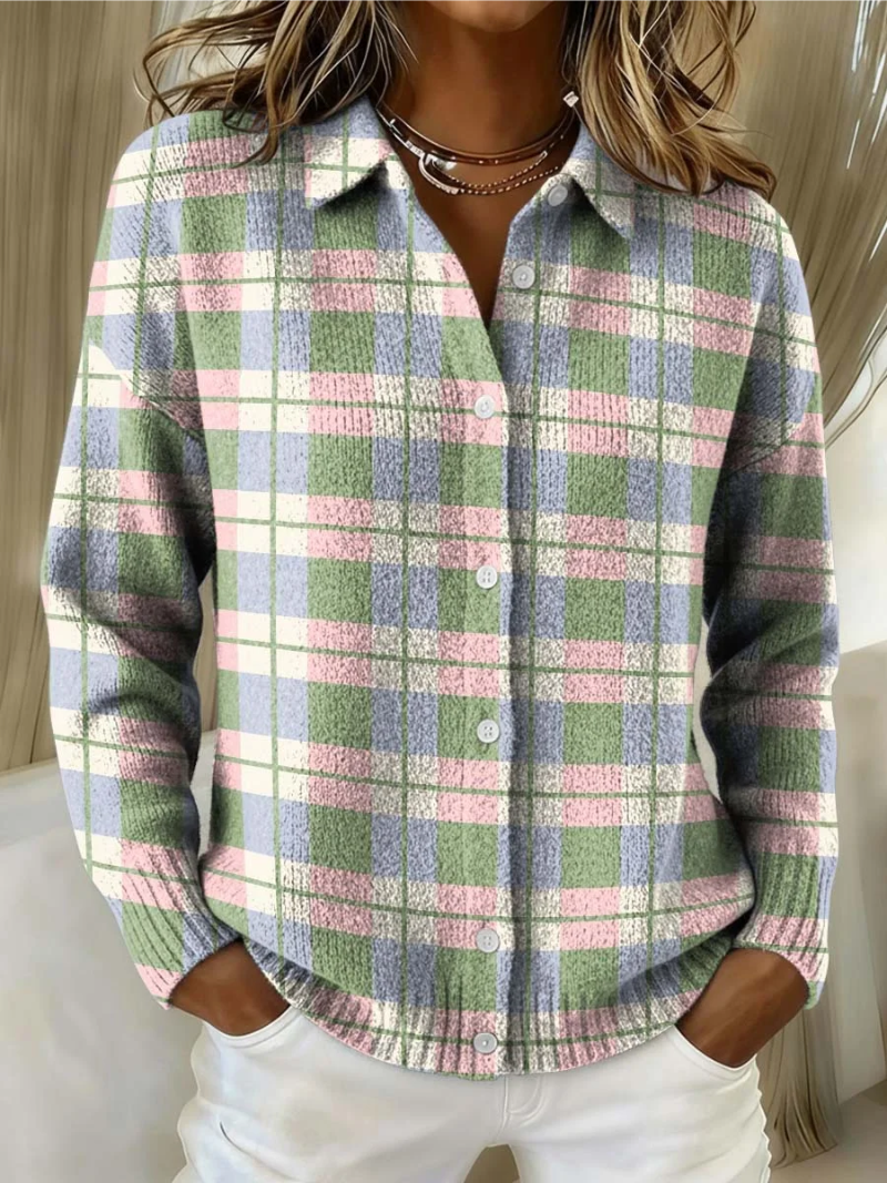 Lena – Checked Knitted Blouse in Fresh Pastel Shades
