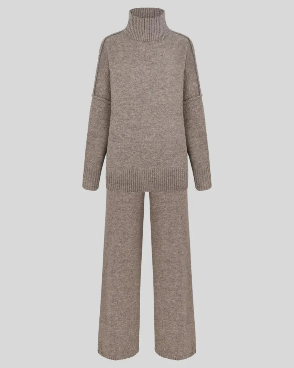 Women’s Knitted Roll-Neck Sweater and Wide-Leg Trouser Set – Oversized Two-Piece Outfit with Ribbed Trims for Cosy Autumn and Winter Dressing