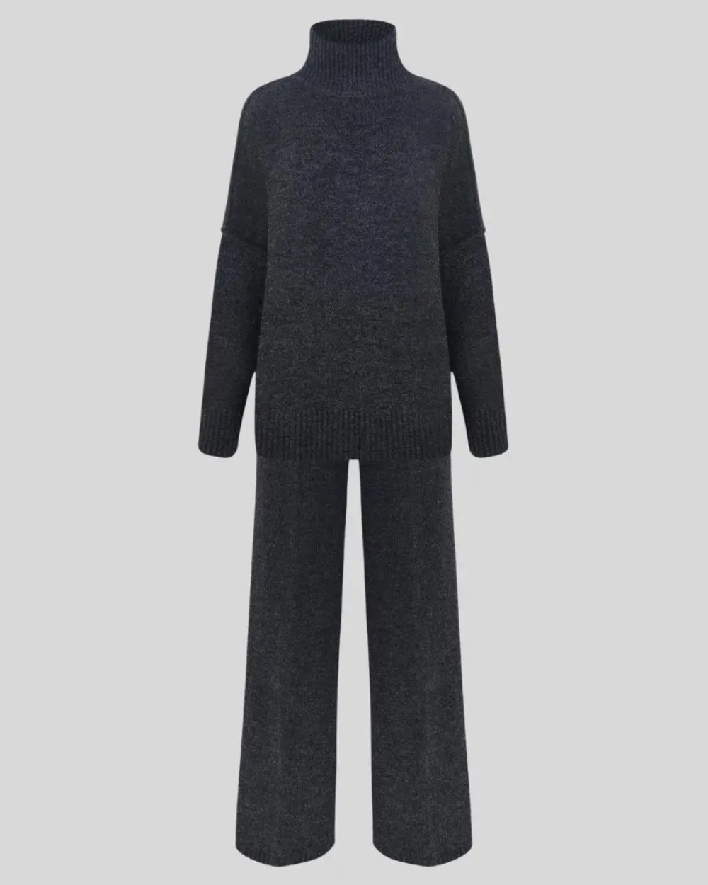 Women’s Knitted Roll-Neck Sweater and Wide-Leg Trouser Set – Oversized Two-Piece Outfit with Ribbed Trims for Cosy Autumn and Winter Dressing