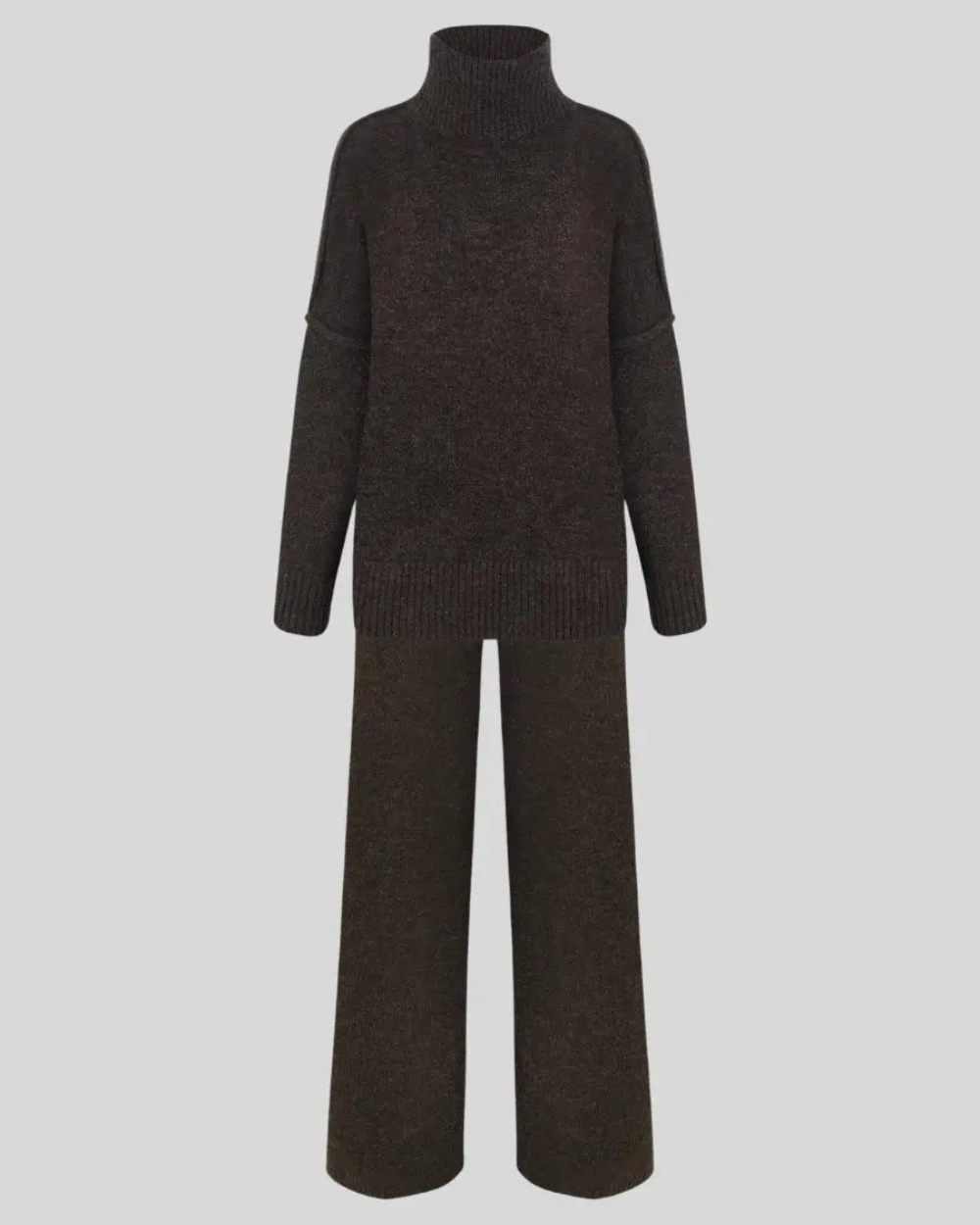 Women’s Knitted Roll-Neck Sweater and Wide-Leg Trouser Set – Oversized Two-Piece Outfit with Ribbed Trims for Cosy Autumn and Winter Dressing
