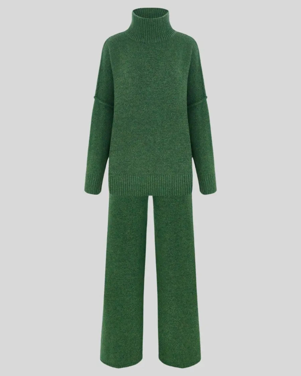 Women’s Knitted Roll-Neck Sweater and Wide-Leg Trouser Set – Oversized Two-Piece Outfit with Ribbed Trims for Cosy Autumn and Winter Dressing