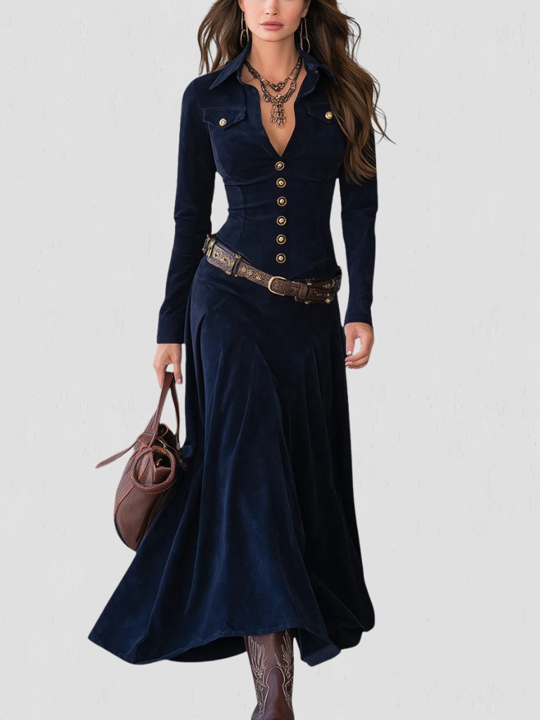 LENA HERITAGE LONG SLEEVE BUTTON DOWN MAXI DRESS