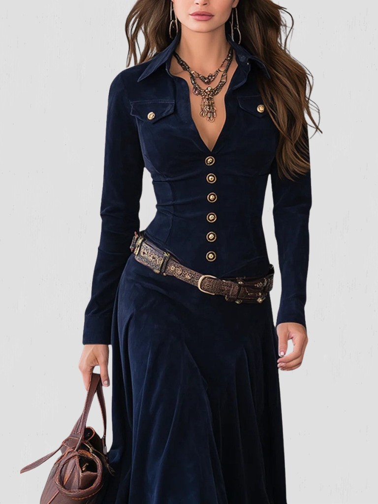 LENA HERITAGE LONG SLEEVE BUTTON DOWN MAXI DRESS
