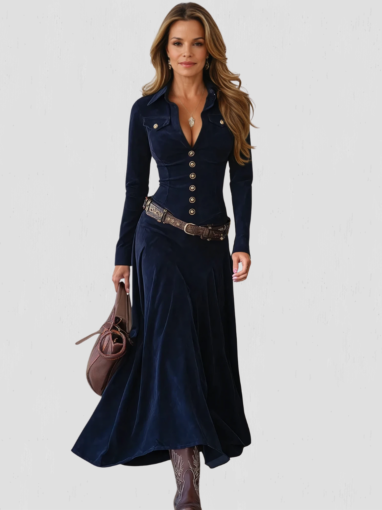 LENA HERITAGE LONG SLEEVE BUTTON DOWN MAXI DRESS